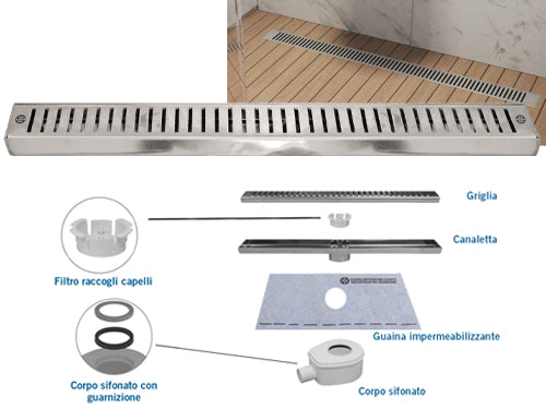Canalette acciaio ad incasso per doccia in kit CN-01. Prezzo per Pezzo.